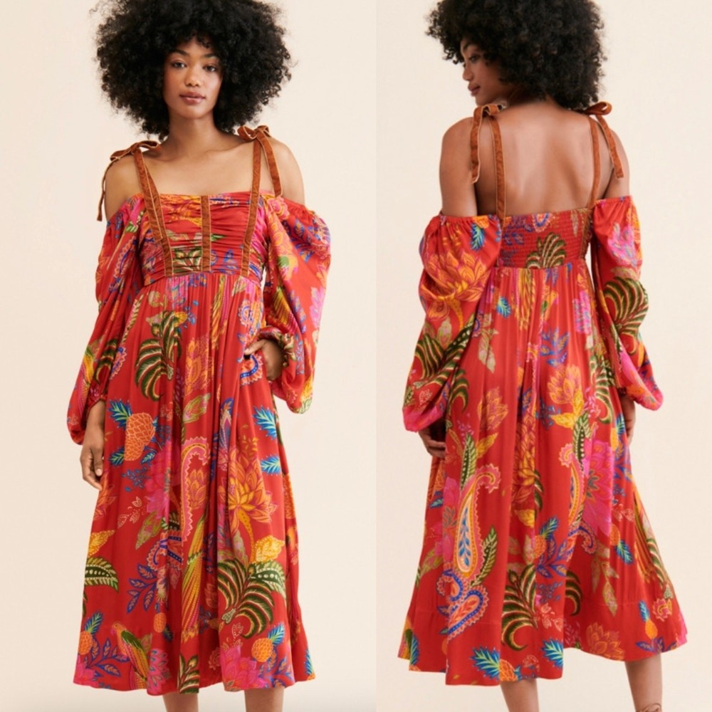 FARM Rio Red Tropical Floral Midi Dress